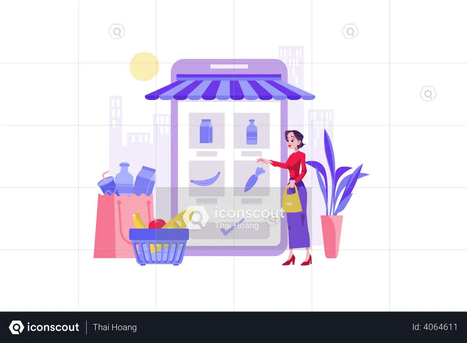 Mujer haciendo compras de comestibles en línea  Ilustración