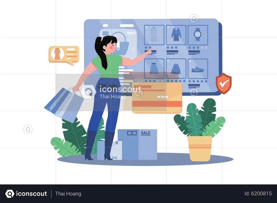 Mujer haciendo compras de ropa en línea  Ilustración