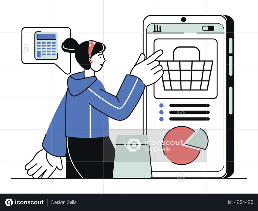 Mujer haciendo compras en el móvil  Ilustración