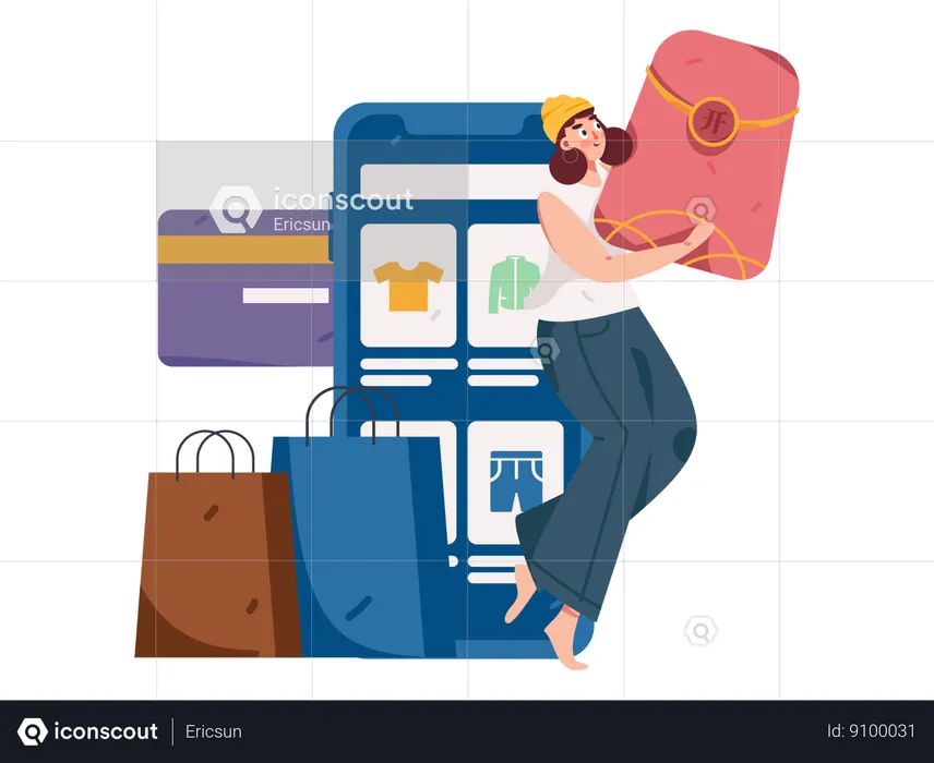 Mujer haciendo compras en línea  Ilustración