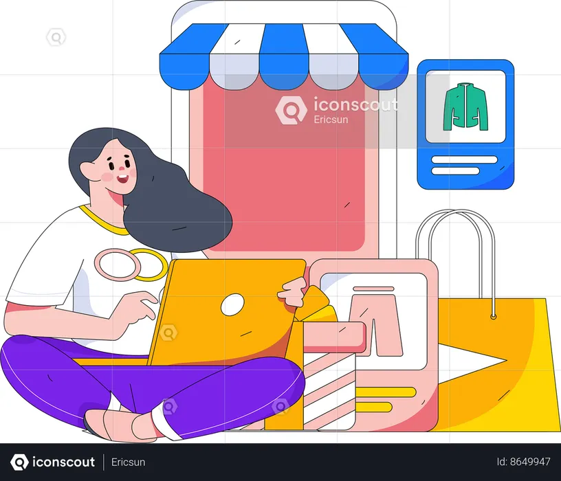 Mujer haciendo compras en línea en una computadora portátil  Ilustración