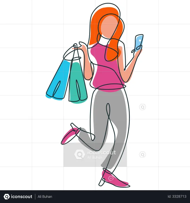 Mujer haciendo compras en línea usando un teléfono inteligente  Ilustración