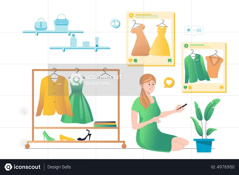Mujer haciendo compras en la aplicación de redes sociales  Ilustración