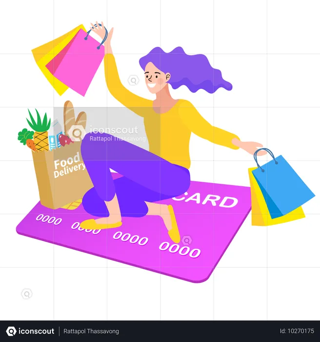 Mujer haciendo compras en línea mediante pago con tarjeta  Ilustración