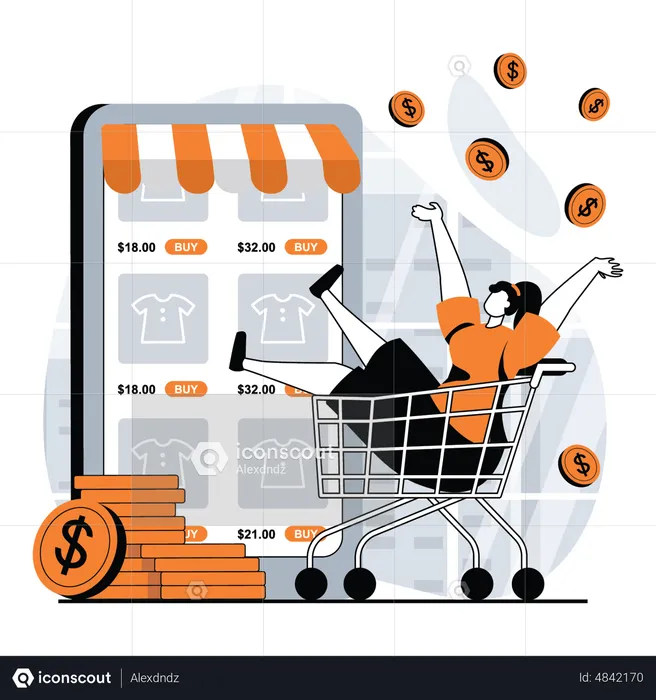 Mujer haciendo compras en línea desde el móvil  Ilustración