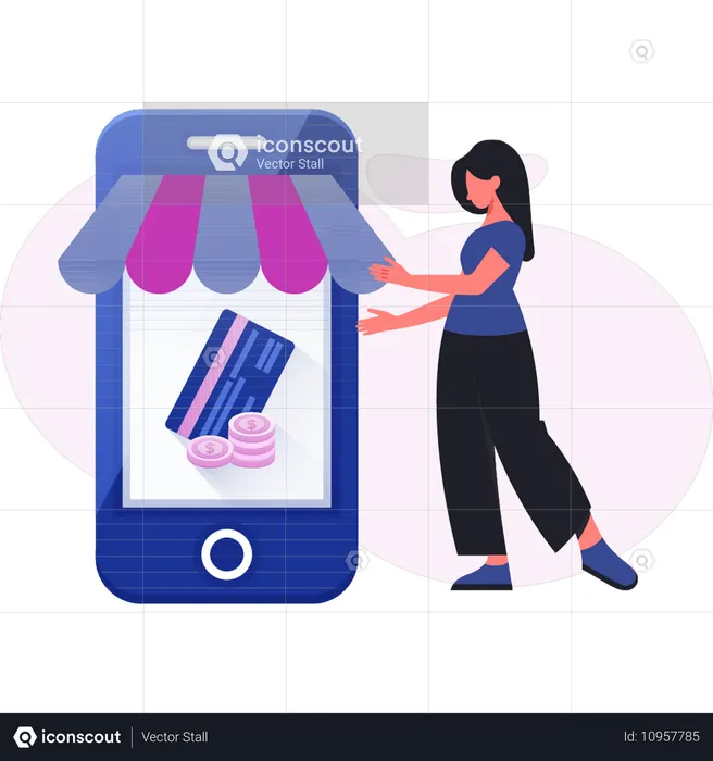 Mujer haciendo pago de compras en línea  Ilustración