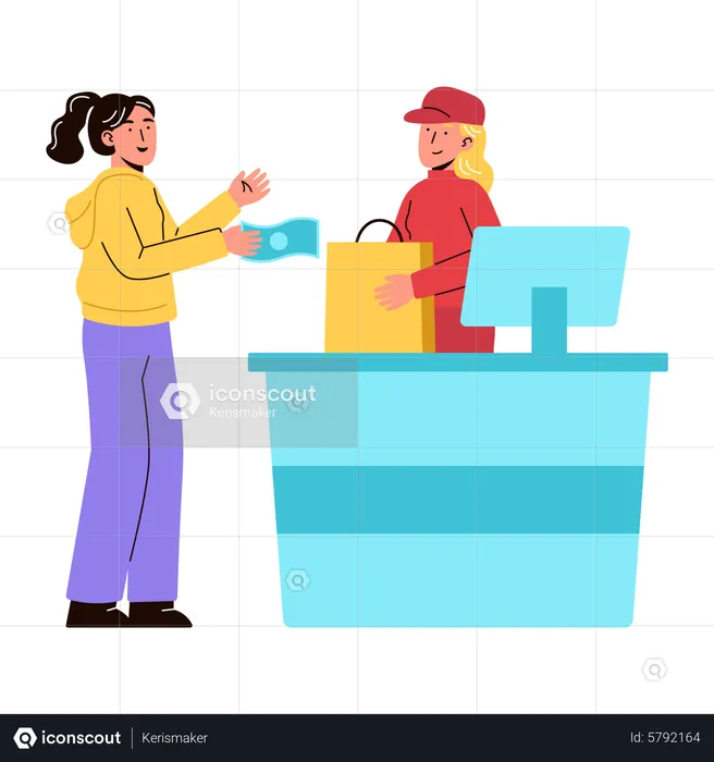 Mujer haciendo pago de compras en cajero  Ilustración