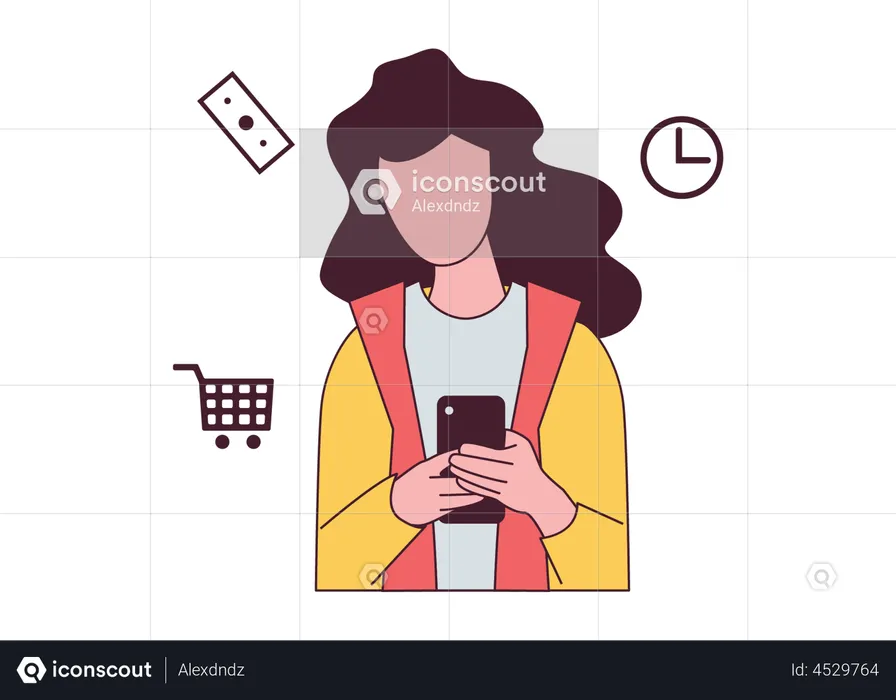 Mujer haciendo compras usando el móvil  Ilustración