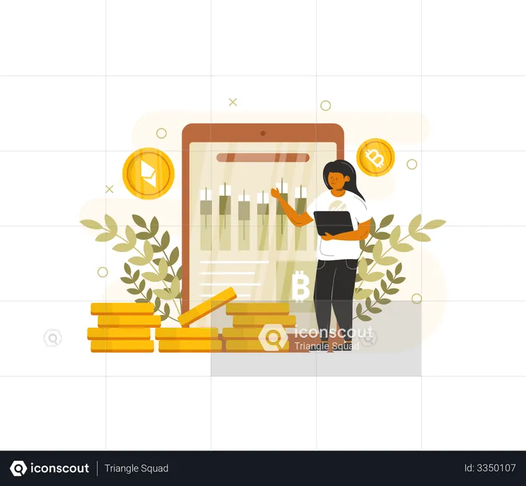 Mujer haciendo comercio de criptomonedas  Ilustración