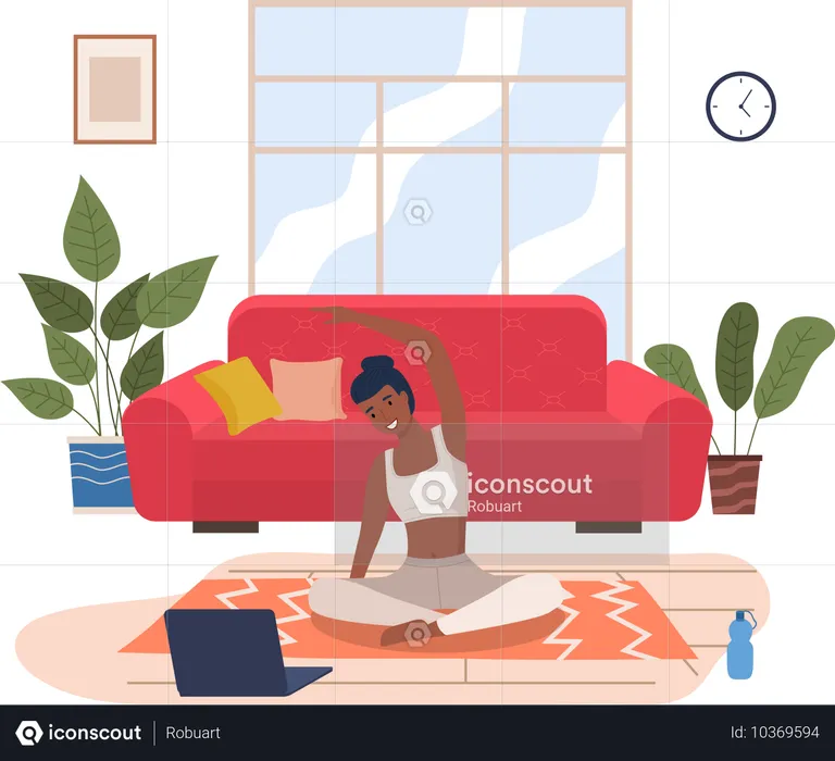 Mujer haciendo ejercicio de yoga en casa  Ilustración