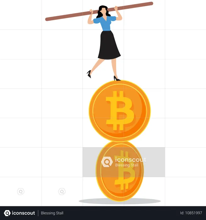 Mujer haciendo equilibrio sobre bitcoin  Ilustración