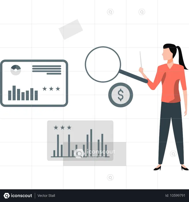 Mujer haciendo investigación financiera  Illustration