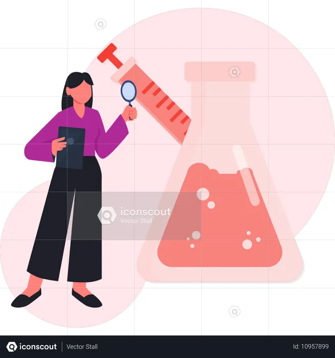 Mujer realizando una investigación en un tubo químico  Ilustración