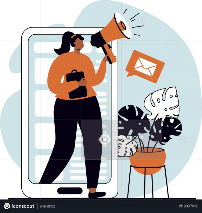 Mujer haciendo marketing online en las redes sociales.  Ilustración