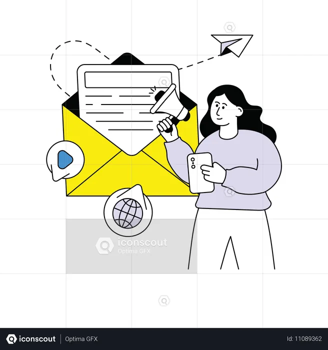 Mujer haciendo marketing por correo electrónico  Ilustración