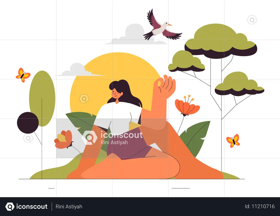 Mujer haciendo meditación en el jardín.  Ilustración