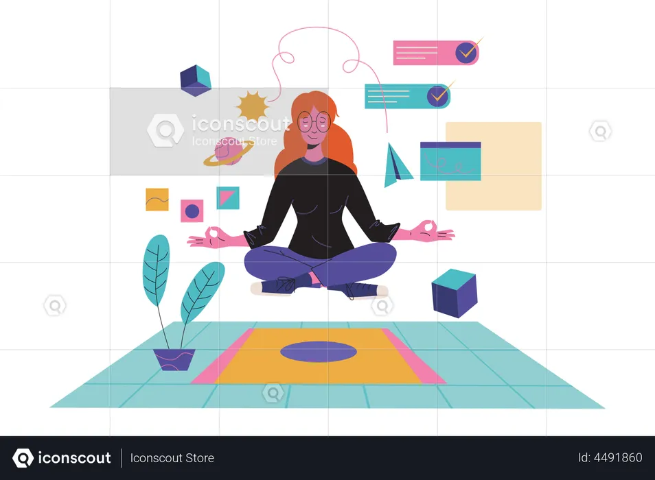 Mujer haciendo meditación en metaverso.  Ilustración