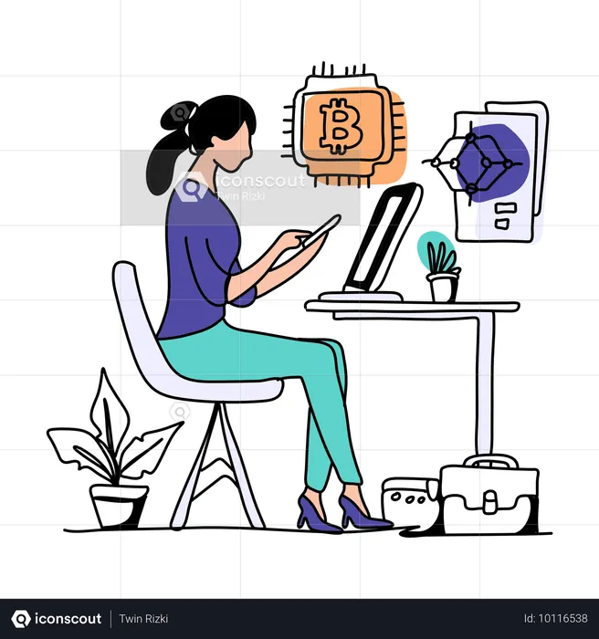 Mujer haciendo minería de criptomonedas  Ilustración