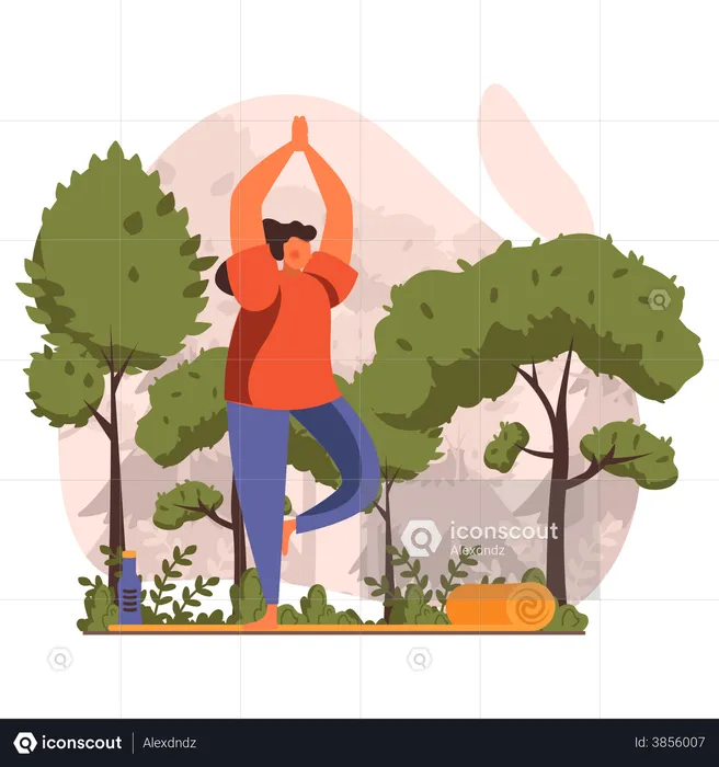 Mujer haciendo pose de yoga de árbol al aire libre  Ilustración