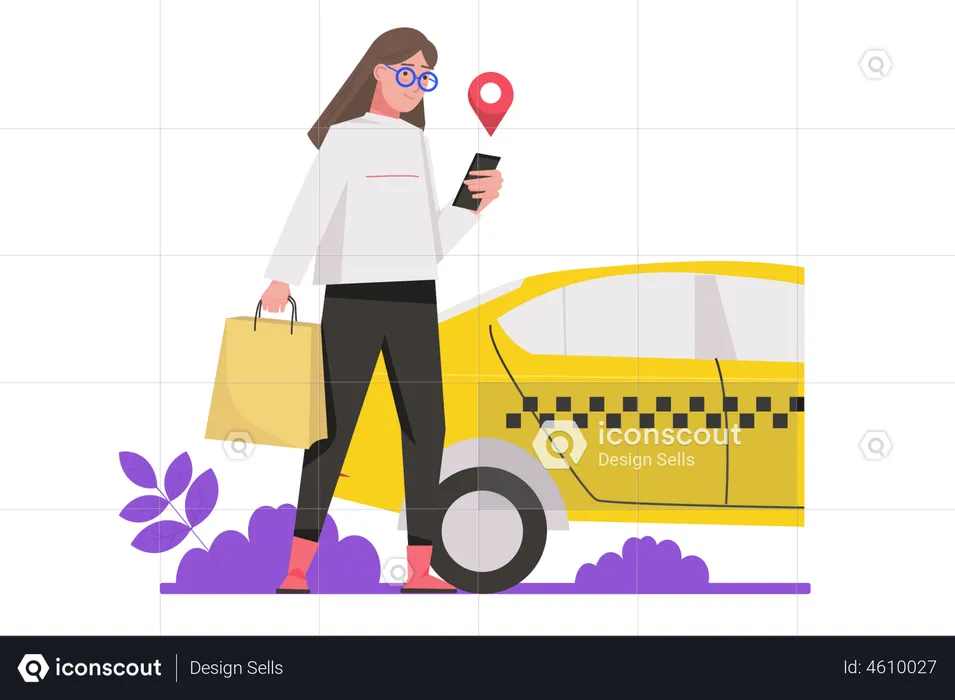 Mujer haciendo reserva de taxi mientras usa el móvil  Ilustración