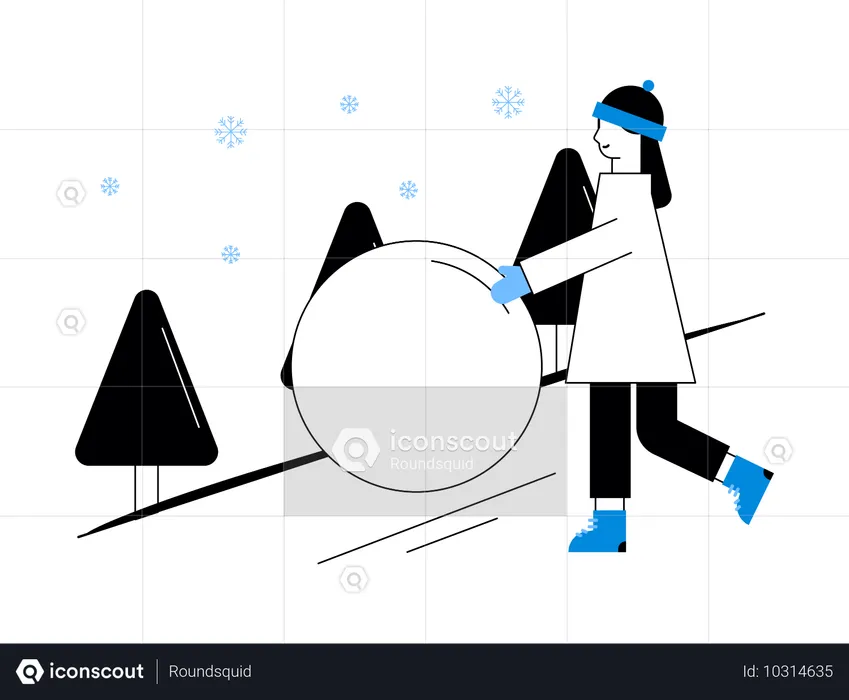 Mujer haciendo rodar una bola de nieve  Ilustración