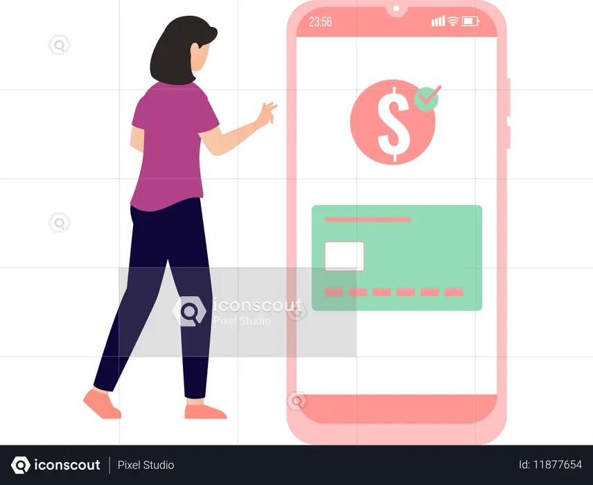 Mujer haciendo una transacción en línea  Ilustración
