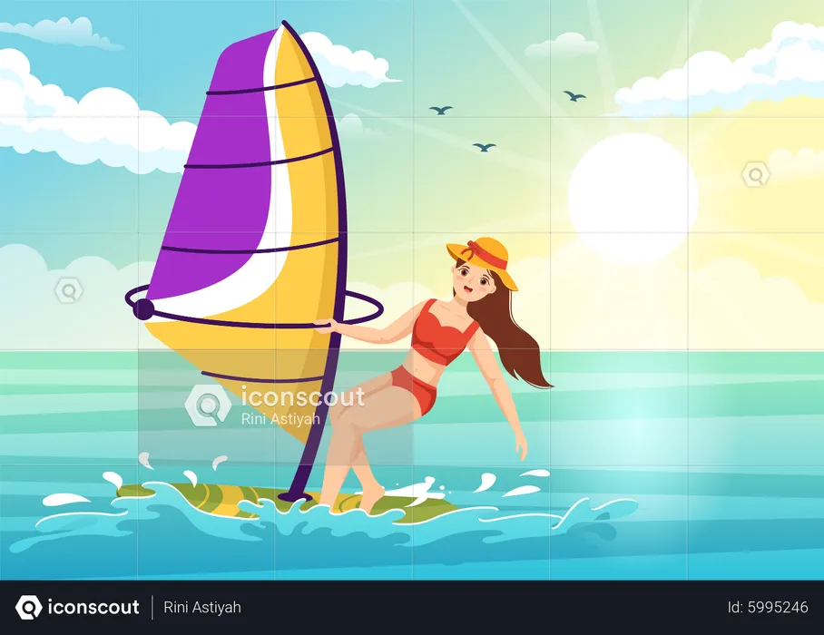 Mujer haciendo windsurf  Ilustración