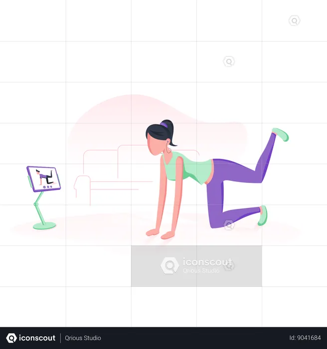 Mujer haciendo yoga a través de ipad  Ilustración