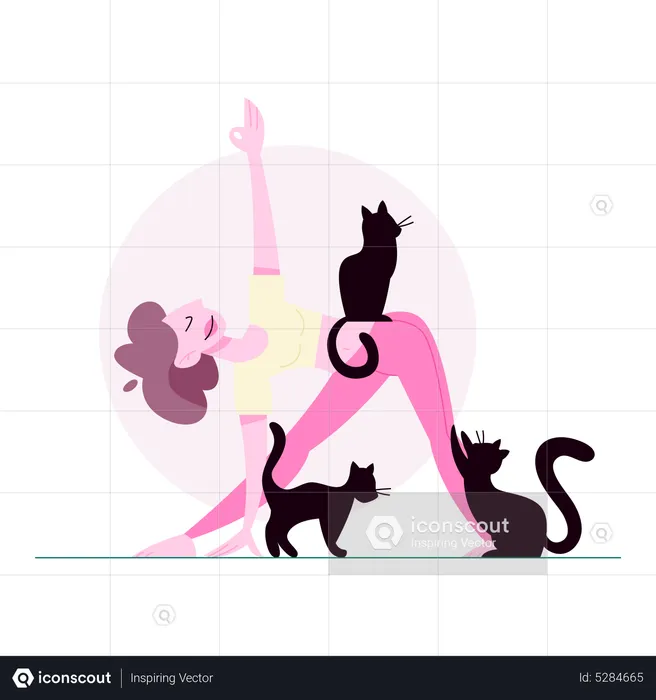 Mujer haciendo yoga con gatos  Ilustración