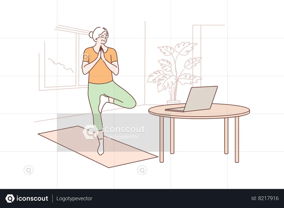 Mujer haciendo yoga a partir de vídeos online.  Ilustración