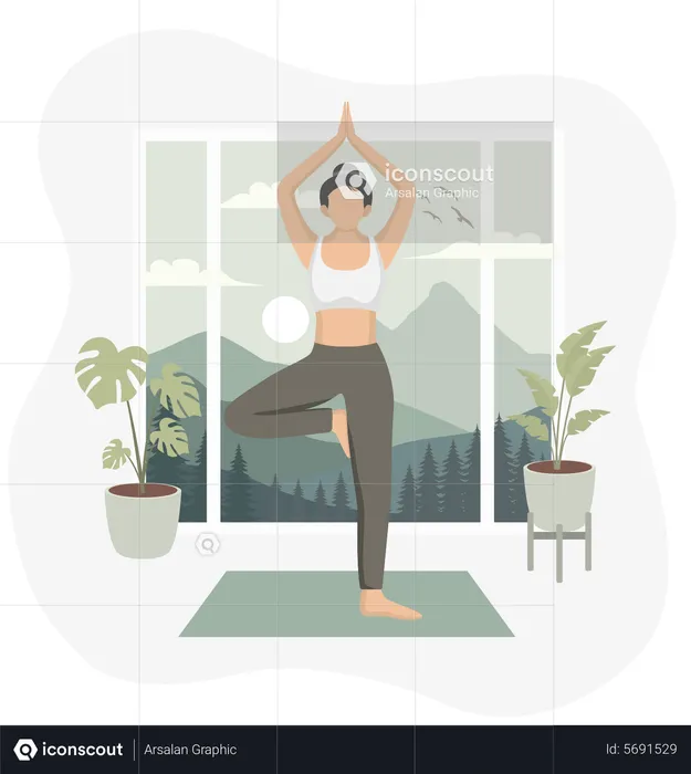 Mujer haciendo yoga en casa  Ilustración