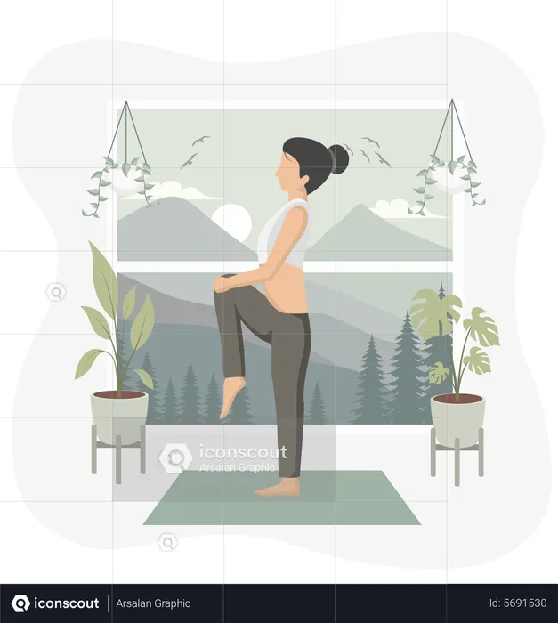 Mujer haciendo yoga en casa  Ilustración