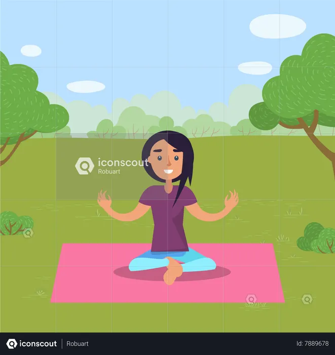 Mujer haciendo yoga en el parque sobre una alfombra  Ilustración