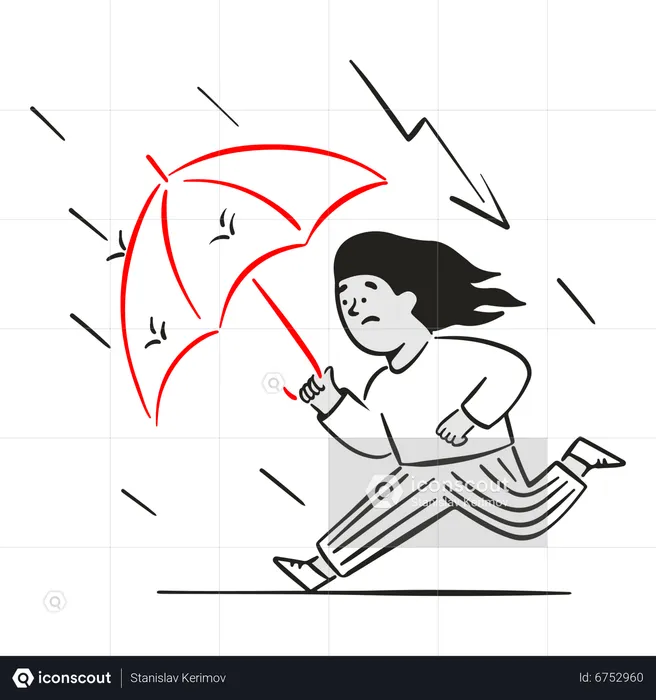 Mujer huyendo de la tormenta con paraguas  Ilustración