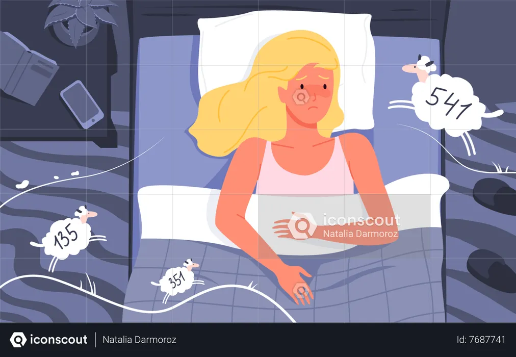 Mujer incapaz de dormir debido a pensamientos interminables  Ilustración