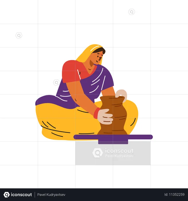 Mujer india con ropa tradicional haciendo olla de barro  Ilustración