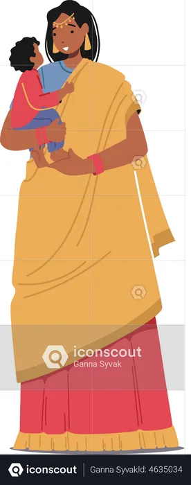 Mujer india vistiendo un sari sosteniendo a un bebé en las manos  Ilustración