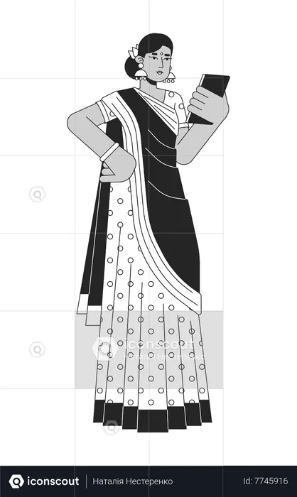 Mujer india en sari usando gadget  Ilustración