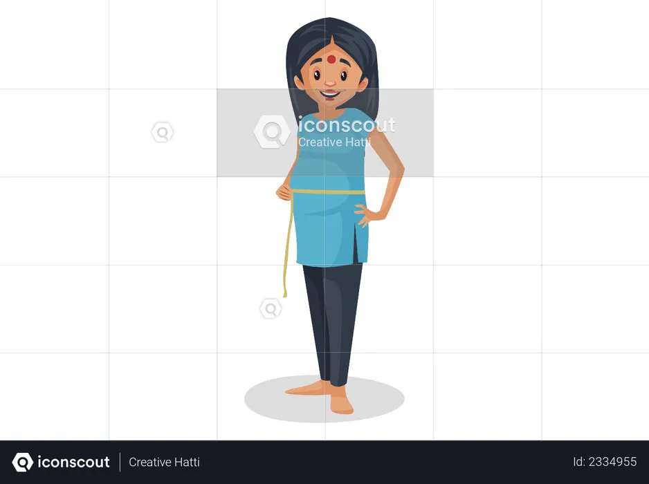 Mujer india midiendo la cintura con cinta  Ilustración