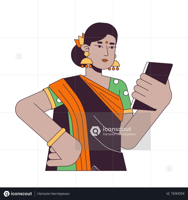 Mujer india mirando en el teléfono inteligente  Ilustración