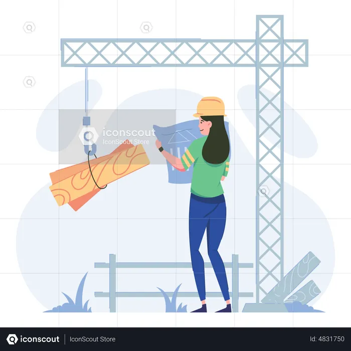 Mujer ingeniera mirando plan de construcción  Ilustración