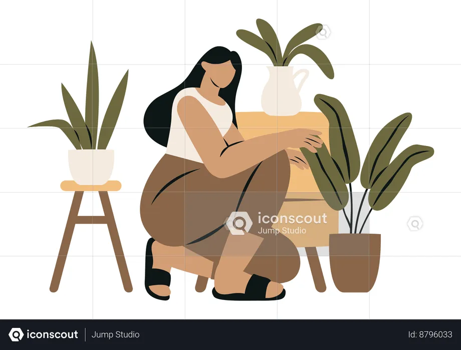 Mujer introvertida y plantas  Ilustración