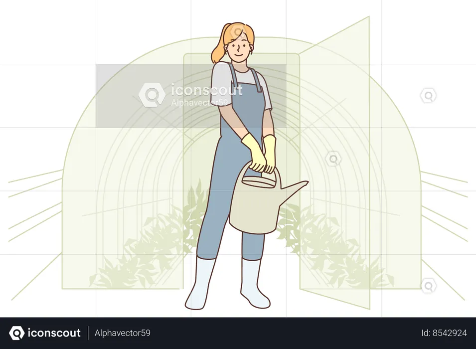 Mujer jardinera sostiene regadera  Ilustración