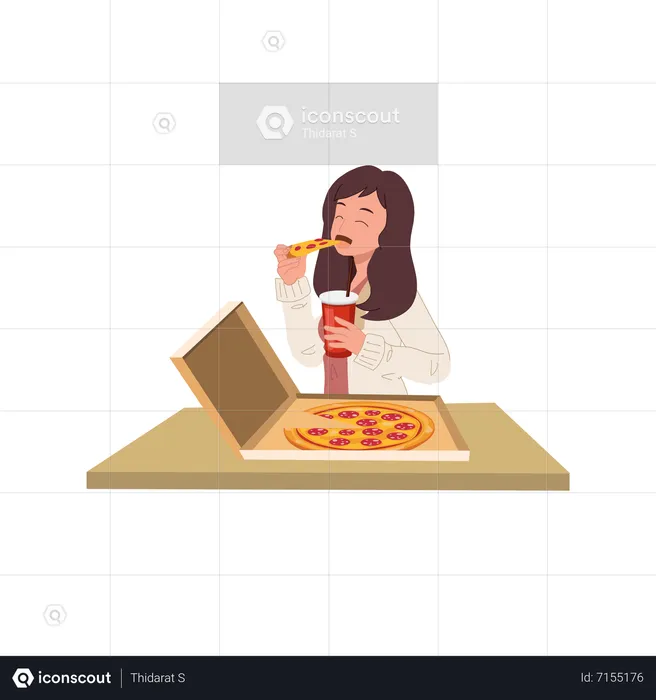 Mujer joven comiendo pizza de caja  Ilustración