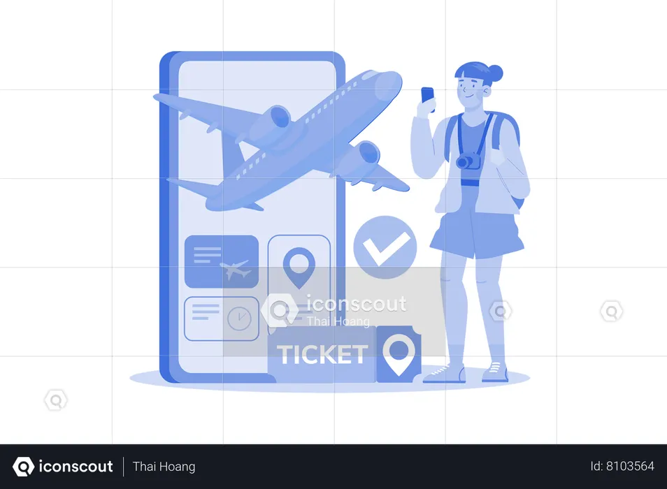 Mujer joven compra billetes de avión online para ahorrar dinero  Ilustración