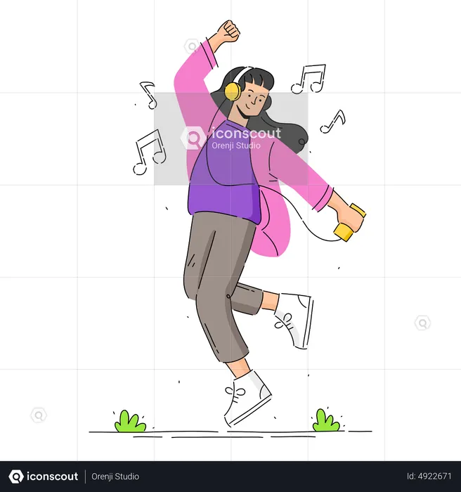 Mujer joven con auriculares escuchando música y moviéndose bailando  Ilustración