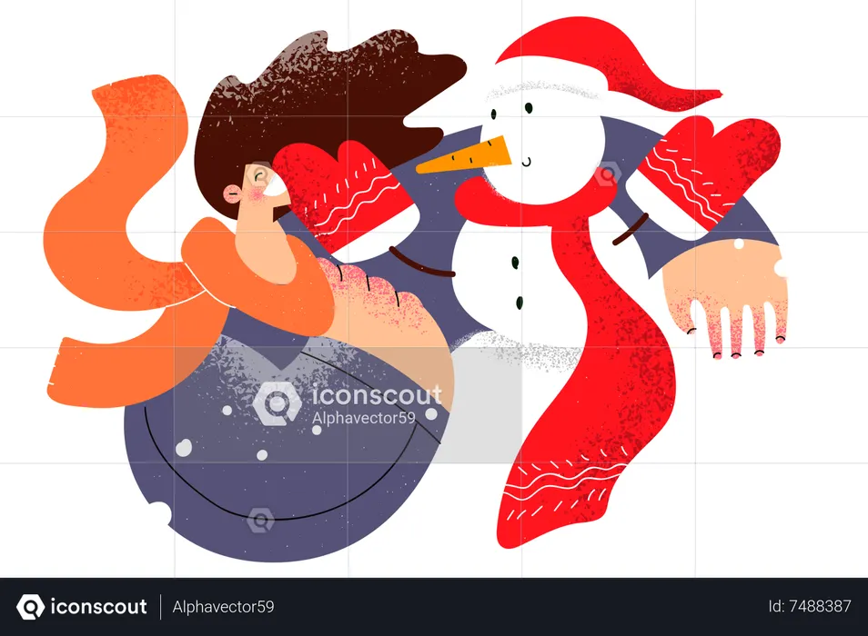 Mujer joven con muñeco de nieve  Ilustración