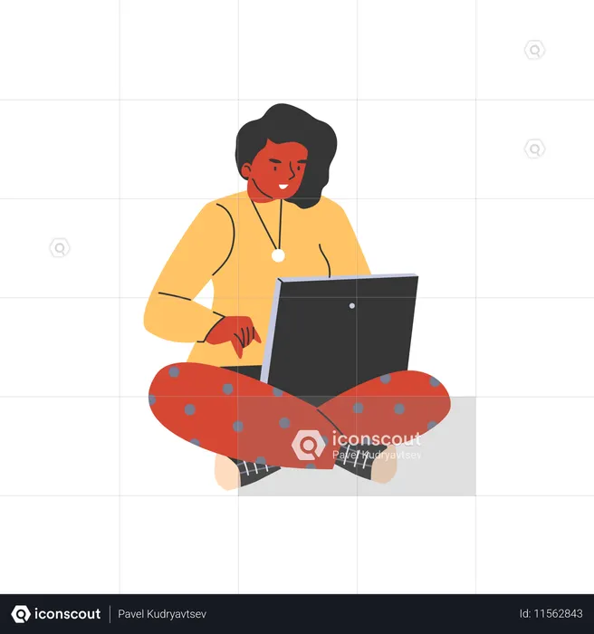 Mujer joven con una computadora portátil en su regazo  Ilustración