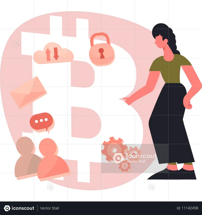 Mujer joven colocando bitcoin  Ilustración