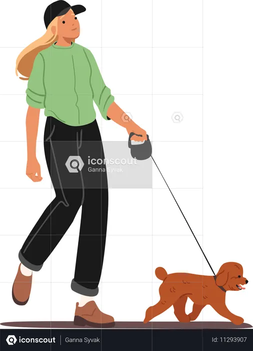 Mujer joven de moda de moda caminando con perro con correa  Ilustración